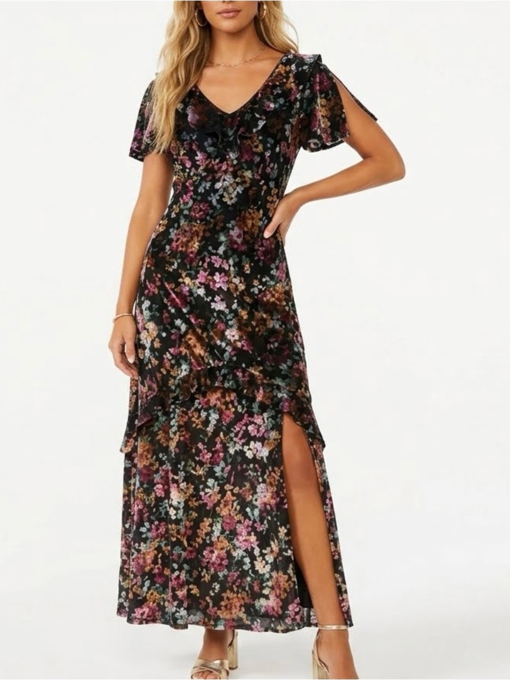 INC Int’l Whimsigoth Burnout Velvet Floral Black Maxi Dress-8-Dark Romantic Boho